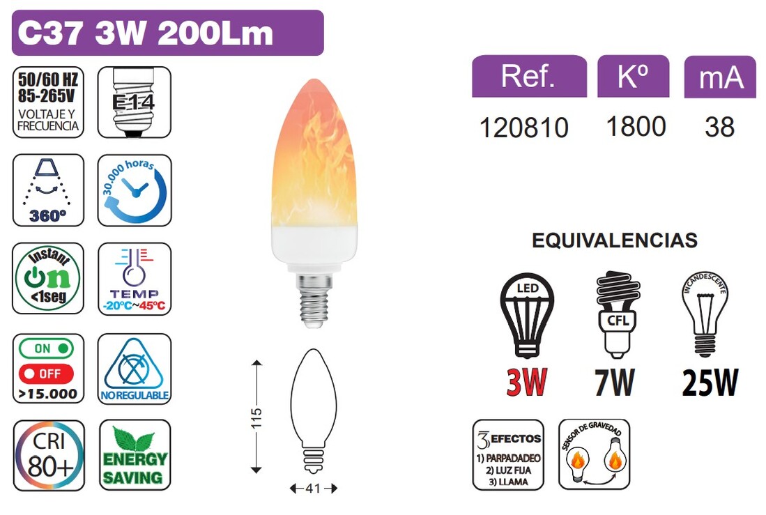 bOMBILLA LED EFECTO LLAMA VELA E14 3W 200LM 1800K B&B