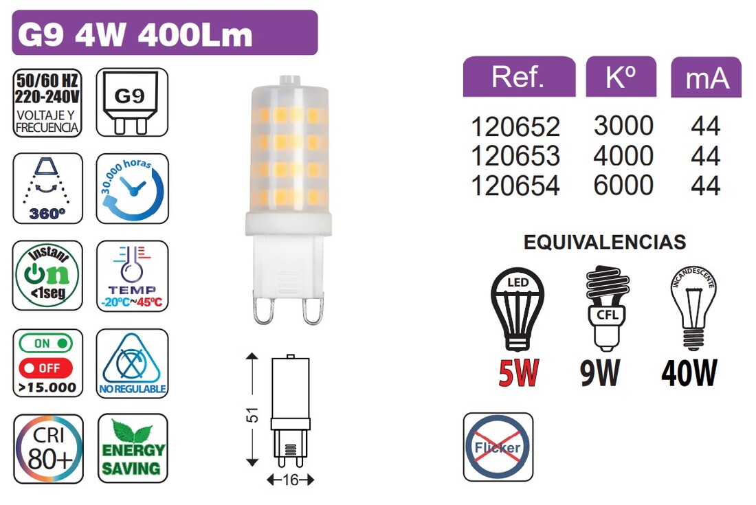 bOMBILLA LED G9 CERAMICA 360° 4W 4000K 400LM B&B     